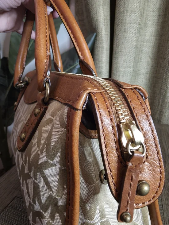 Michael Kors Beige Signature Logo Satchel with Brown Leather Trim - Picture 5 of 13